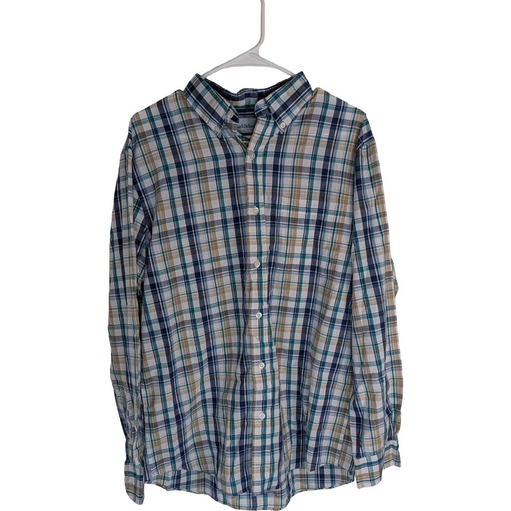 Saddlebred Button Down Shirt Men Medium Blue Green Plaid Classic Fit Long Sleeve